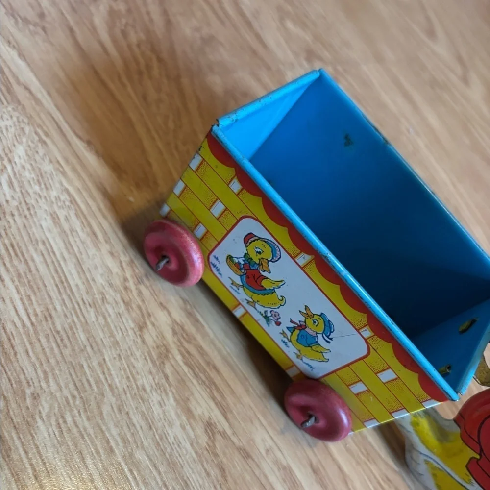 Vintage Tin Easter J Chein Tin Litho Easter Bunny- Wooden Wheels